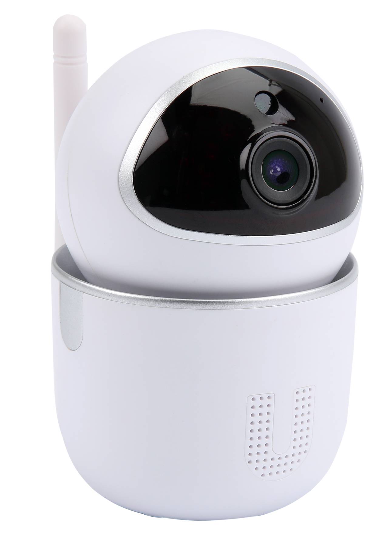 Eine weiße Sicherheitskamera mit einem schwarzen Linsenbereich und einer silbernen Verkleidung, die auf einer drehbaren Basis montiert ist, die für die Überwachung im Innenbereich konzipiert ist.