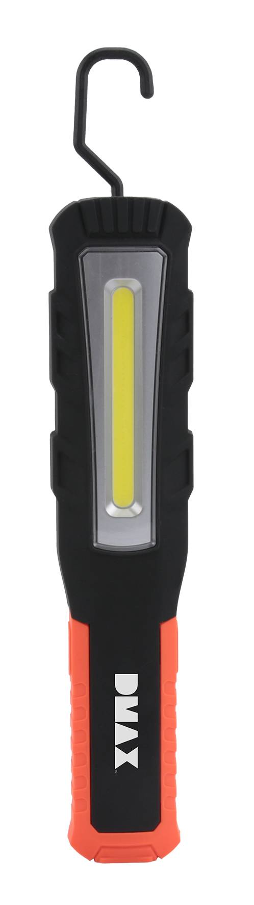 Eine Nahaufnahme einer schwarzen Taschenlampe mit einem vertikalen gelben LED-Streifen in der Mitte.