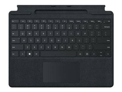 Eine schwarze Tastatur mit einem Touchpad darunter, entwickelt zur Verwendung mit Tablets oder Laptops. Die Tastatur verfügt über Funktionstasten und ein kompaktes Layout.
