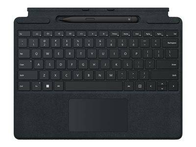 Eine schwarze abnehmbare Tastatur mit Touchpad und Stifthalter oben, kompatibel mit Tablet-Geräten.