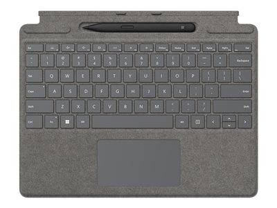 Eine graue Tastatur mit schwarzen Tasten, mit einem Touchpad und einem Stift-Slot, der über den Funktionstasten positioniert ist.