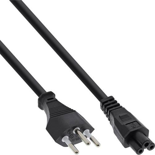 Ein schwarzes Stromkabel mit einem europäischen zweipoligen Stecker an einem Ende und einem C5-Stecker am anderen Ende, häufig für Laptop-Netzteile verwendet.