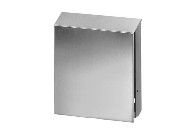 Eine schlanke, wandmontierte Box aus Edelstahl mit einer flachen Oberfläche und einem unauffälligen Seitenscharnier, wahrscheinlich zum Lagern oder Verbergen von Gegenständen verwendet.