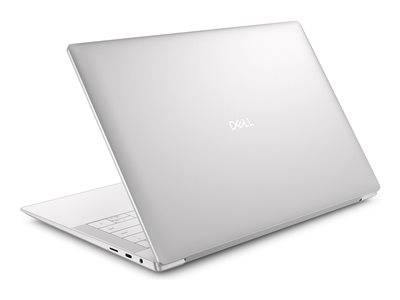 Silberner Dell-Laptop von hinten betrachtet, Deckel offen, zeigt die Anschlüsse an der Seite.