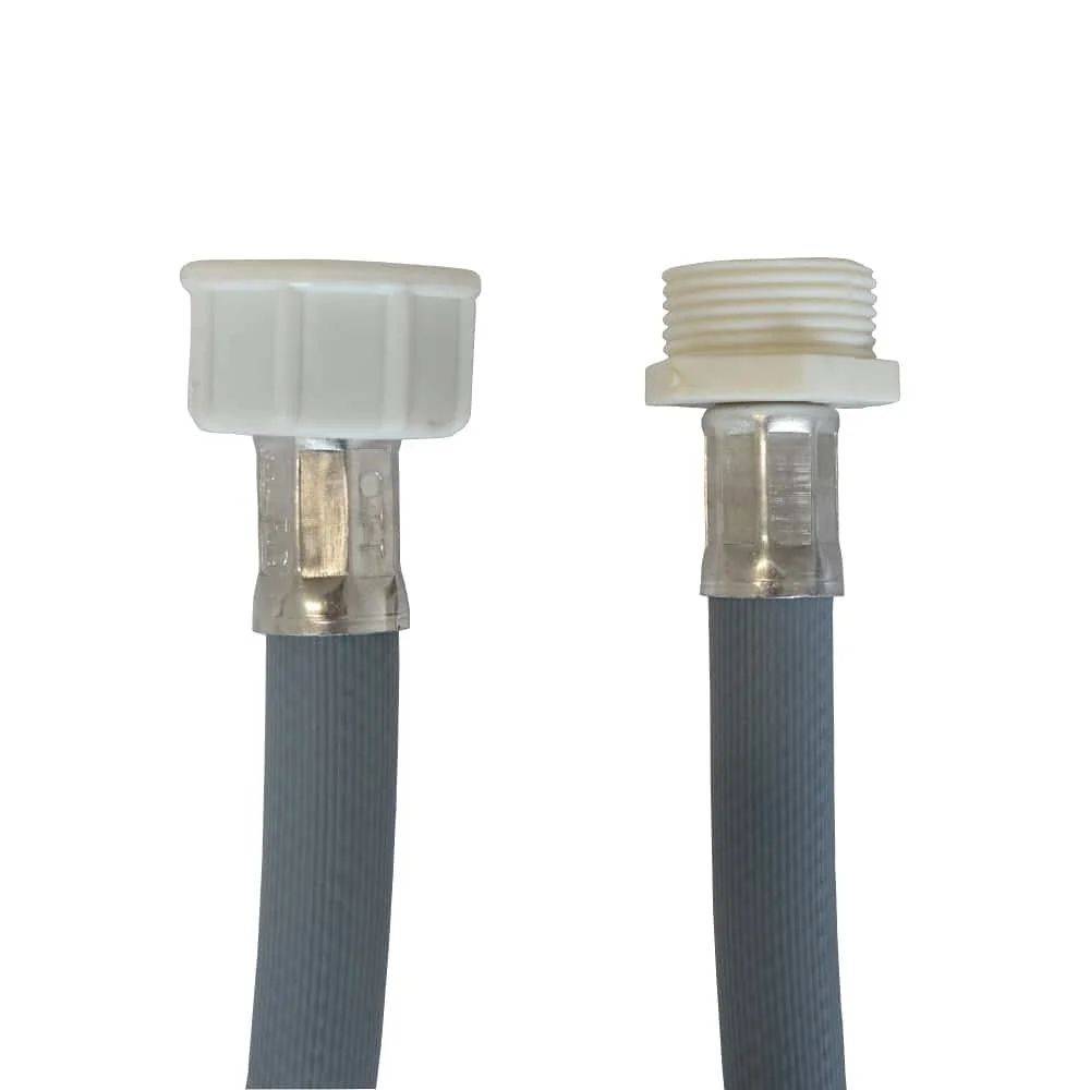 Zwei graue flexible Wasserschläuche mit Metallverbindungen, einer mit einer weißen quadratischen Verschraubung und der andere mit einer weißen Gewindeverschraubung.