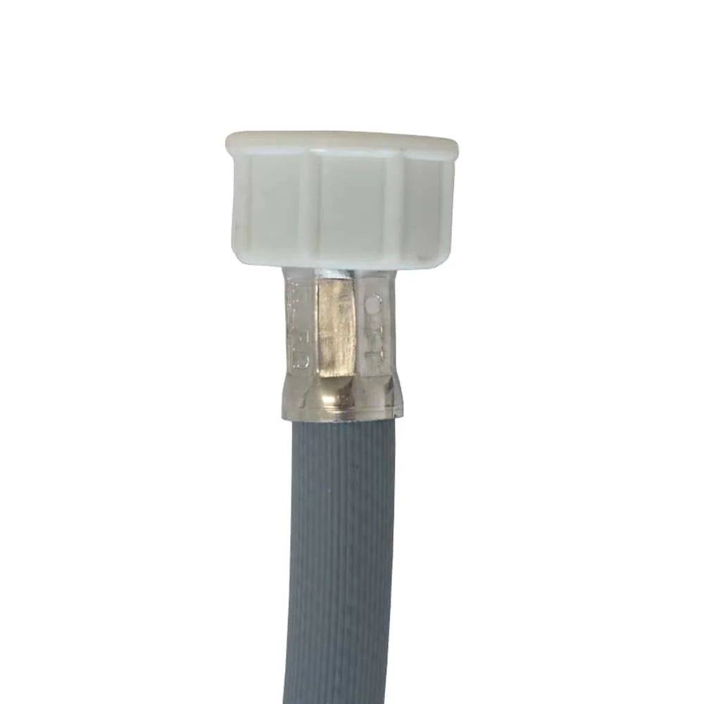 Schlauchverbinder mit gerillter weißer Kappe und grauem flexiblem Schlauch darunter.