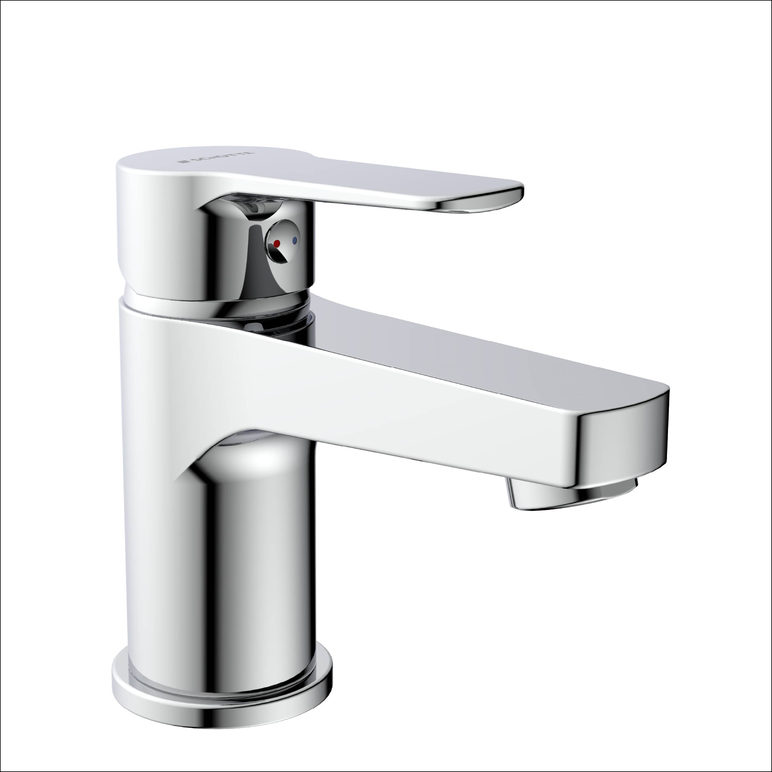 Ein moderner Chromhahn mit einem einzelnen Hebel ist abgebildet, der für Badezimmerspülen konzipiert ist. Das Design ist schlank und minimalistisch.