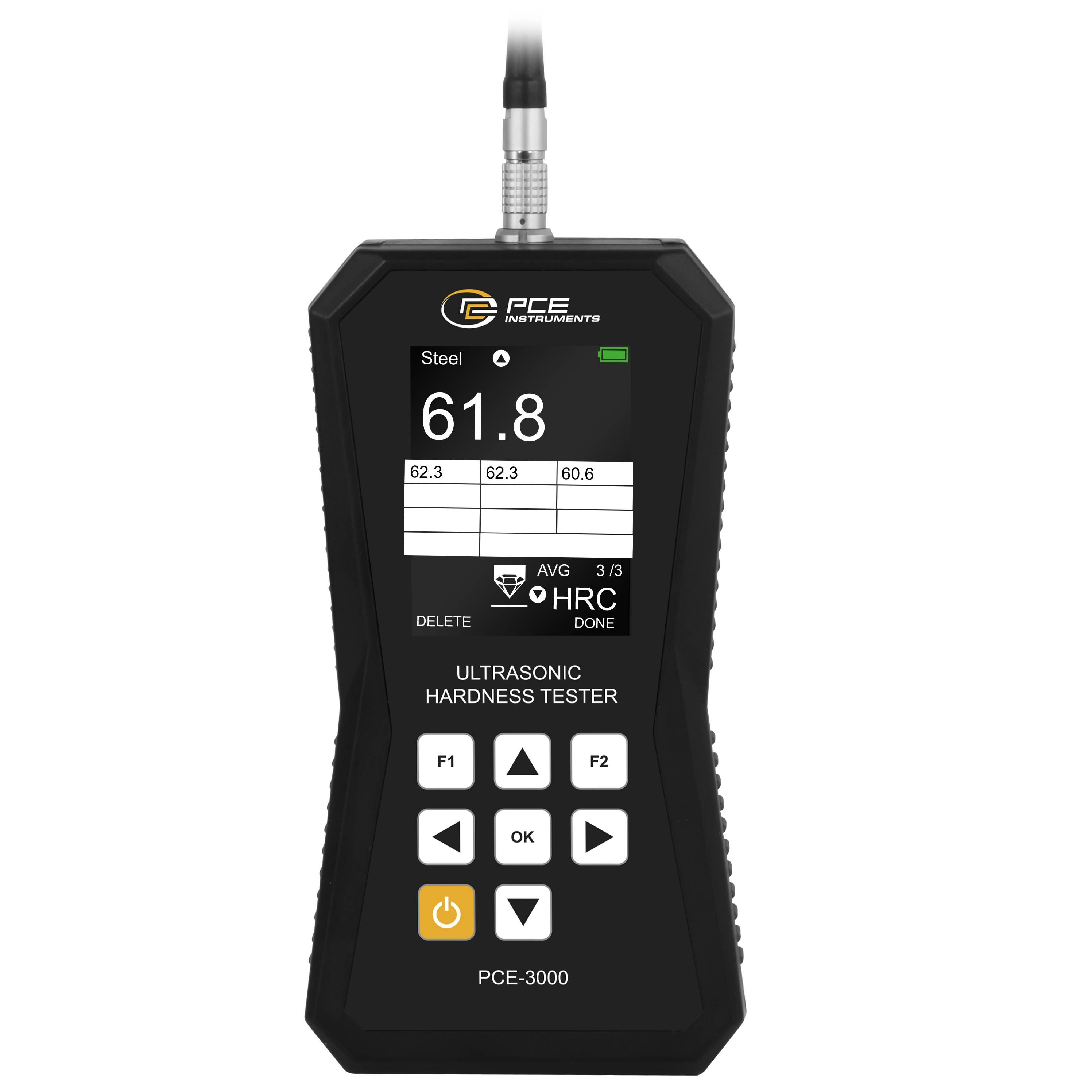 Ultraschall-Härteprüfer zeigt einen Messwert von 61,8 mit Tasten zur Bedienung.