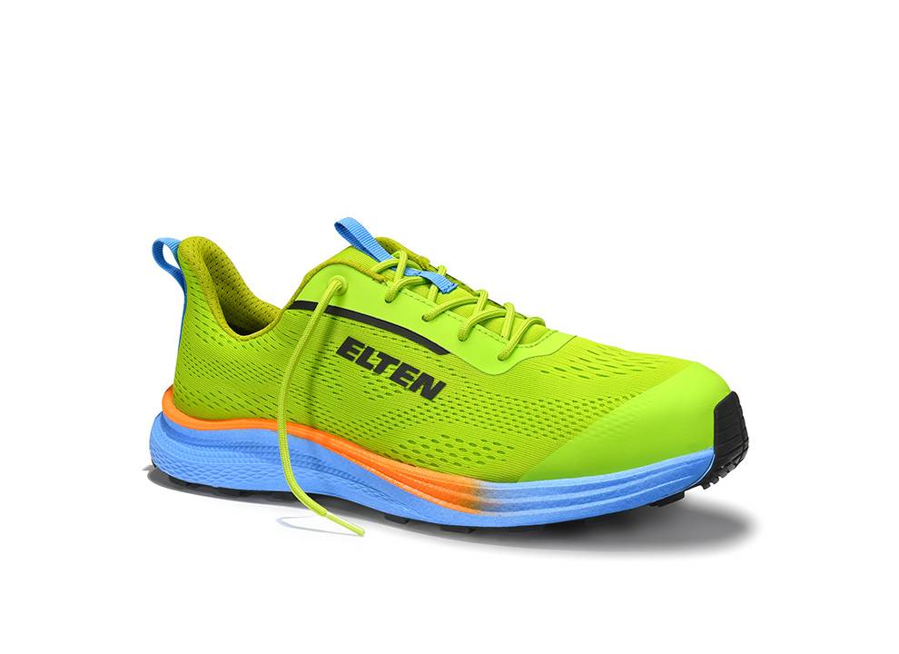 Ein leuchtend grüner Sportschuh mit blauen und orangen Akzenten, auf der Seite mit 