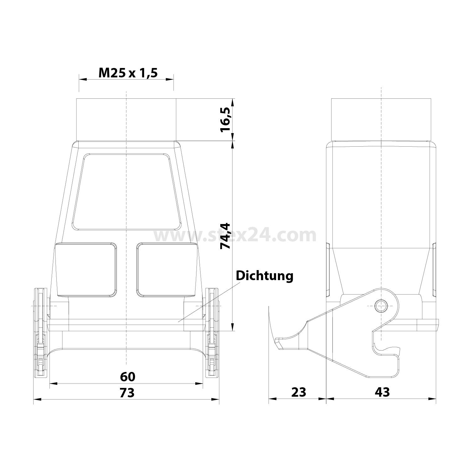 HARTING Han 6B Kupplungsgehäuse hoch, 1xM25 gerader Kabelabgang, mit 1 Längsbügel Verschraubung M25 Klemmbereich 9,0mm