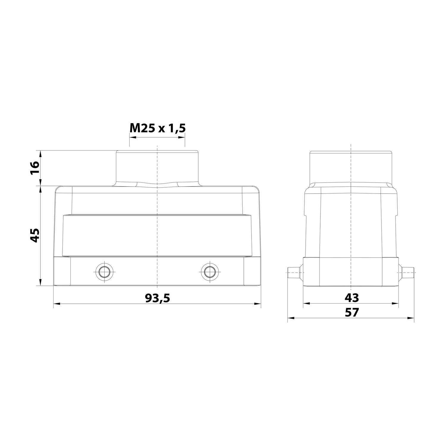 HARTING Han 16B Tüllengehäuse niedrig, 1xM25 gerader Kabelabgang, für 2 Bügel (am Unterteil) Verschraubung M25