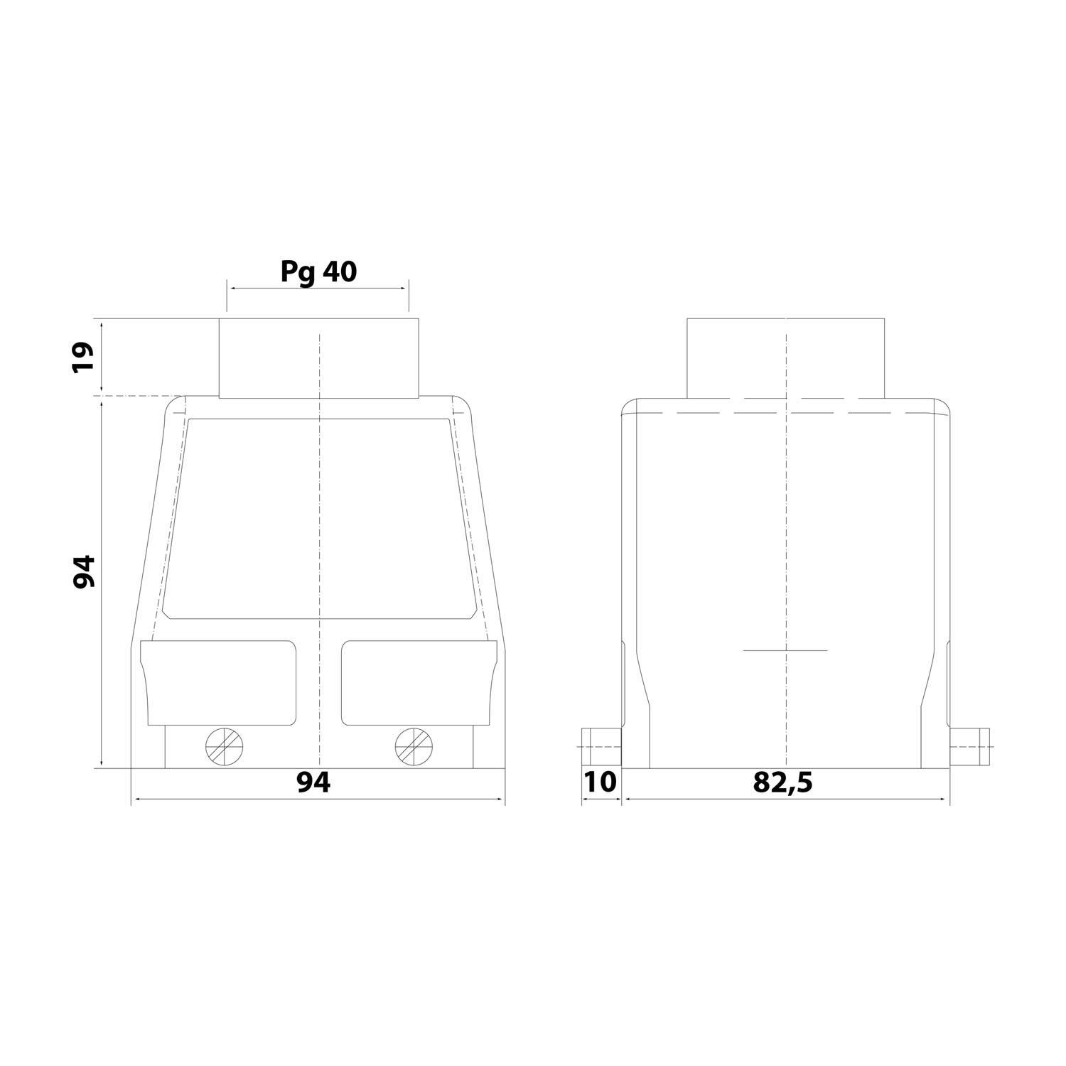 HARTING Han 32B Tüllengehäuse hoch, 1xM40 gerader Kabelabgang, für 2 Bügel (am Unterteil) Verschraubung M40