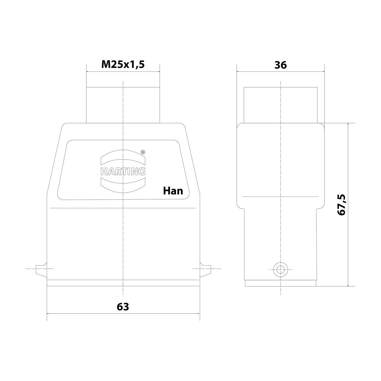 HARTING Han 10A Tüllengehäuse hoch, 1xM25 gerader Kabelabgang, für 1 Bügel (am Unterteil) Verschraubung M25