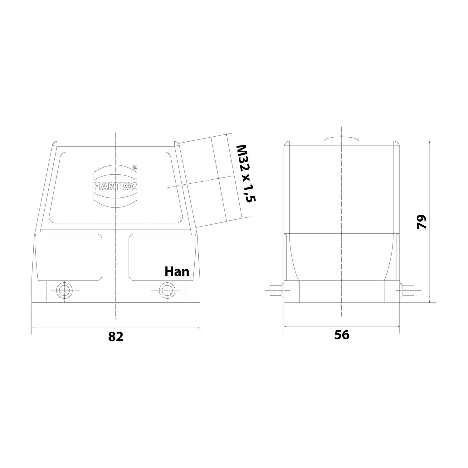 HARTING Han 32A Tüllengehäuse hoch, 1xM32 seitlicher Kabelabgang, für 2 Bügel (am Unterteil) Verschraubung M32