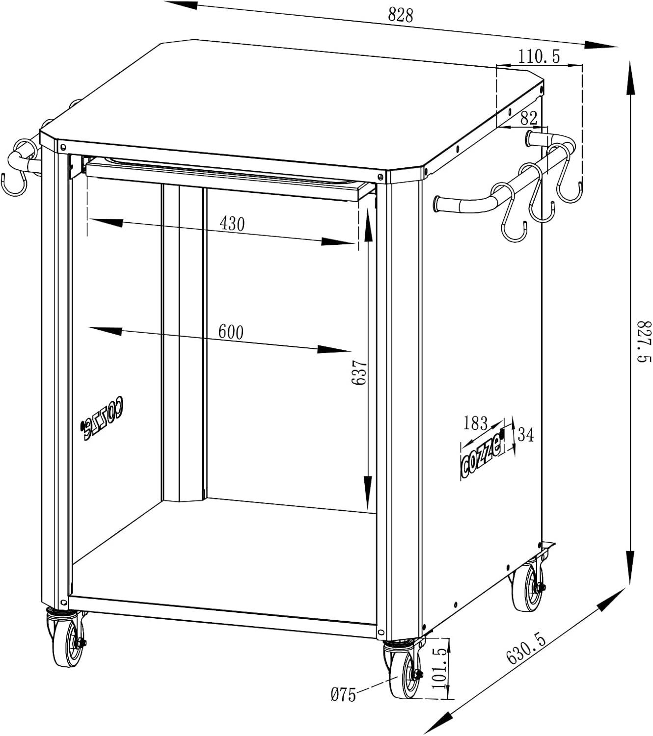 Technische Zeichnung eines rechteckigen Lagerwagens mit Rädern, mit Abmessungen und seitlichen Griffen, mit einer Breite von 600 mm und einer Höhe von 875 mm.