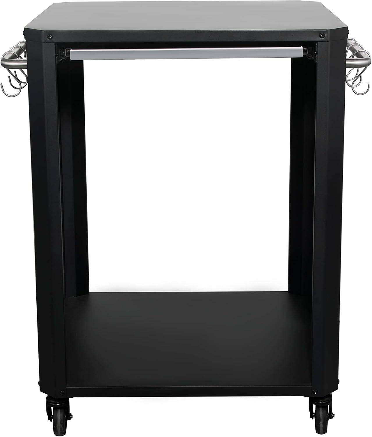 Ein schwarzer Metallbarcart mit einem oberen Griff, Weingläshaltern an den Seiten und einem offenen Regal unten.