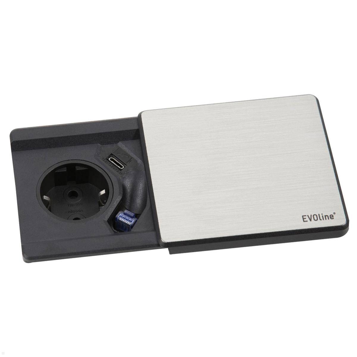 EVOline Square80 Einbausteckdose mit USB-C, CAT6 Patchkabel, Edelstahl