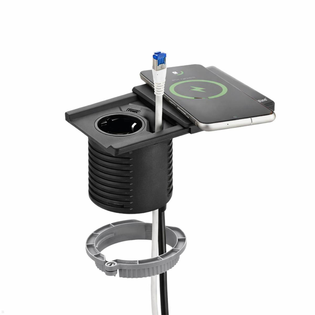 EVOline Square80 Einbausteckdose mit USB-C, CAT6 Patchkabel, Edelstahl