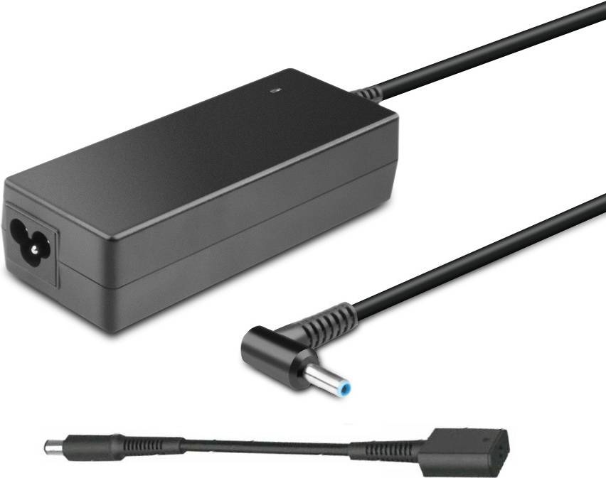 Ein schwarzes Laptop-Netzteil mit einem dicken Kabel und einem blauem Anschluss, konzipiert für die Kompatibilität mit bestimmten Laptop-Modellen.