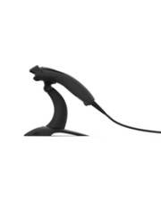 Ein Barcode-Scanner auf einem Ständer mit gebogenem Griff und angebundenem Kabel, positioniert vor einem einfachen weißen Hintergrund.