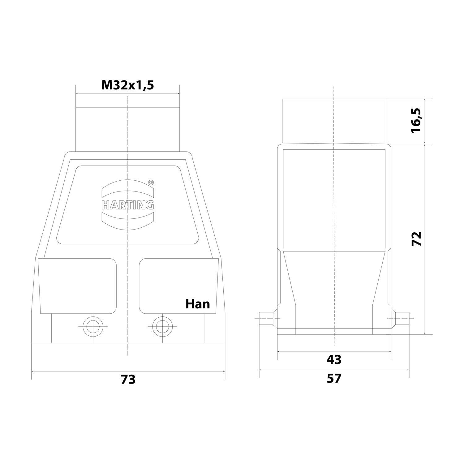 HARTING Han 10B Tüllengehäuse hoch, 1xM32 gerader Kabelabgang, für 2 Bügel (am Unterteil) Verschraubung M32
