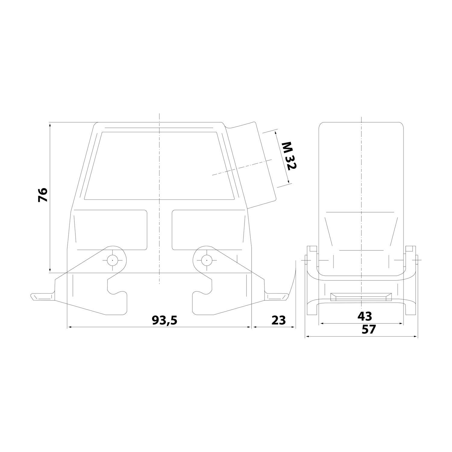 HARTING Han 16B Tüllengehäuse hoch, 1xM32 seitlicher Kabelabgang, für 2 Bügel (am Unterteil) Verschraubung M32