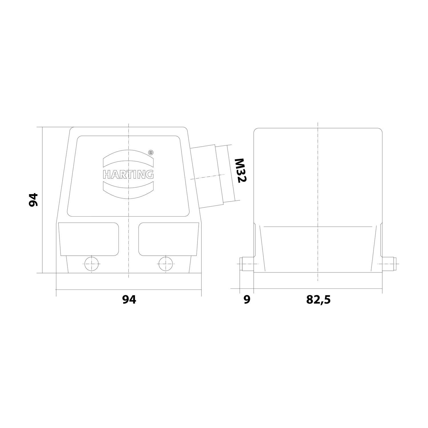 HARTING Han 32B Tüllengehäuse hoch, 1xM32 seitlicher Kabelabgang, für 2 Bügel (am Unterteil) Verschraubung M32
