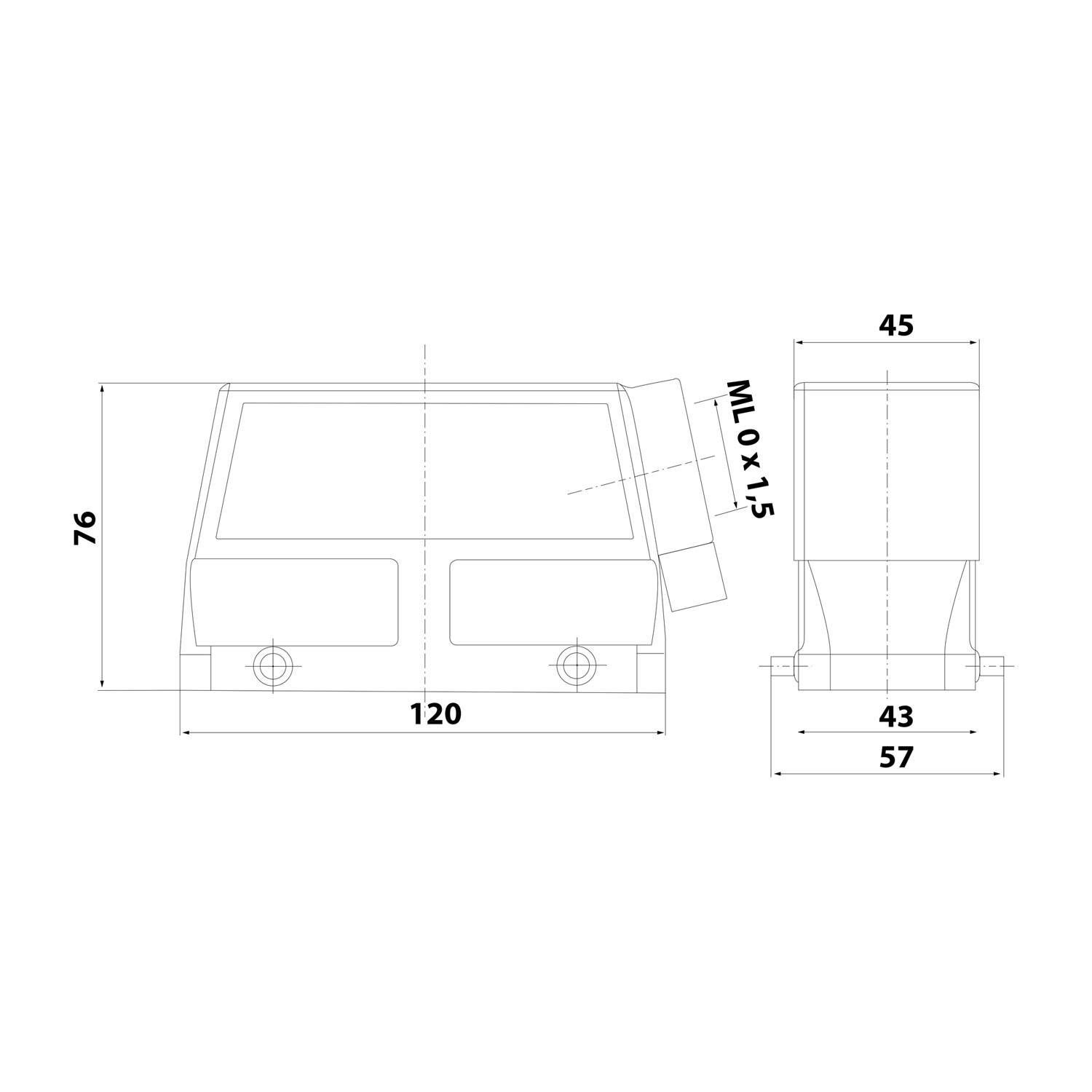 HARTING Han 24B Tüllengehäuse hoch, 1xM40 seitlicher Kabelabgang, für 2 Bügel (am Unterteil) Verschraubung M40