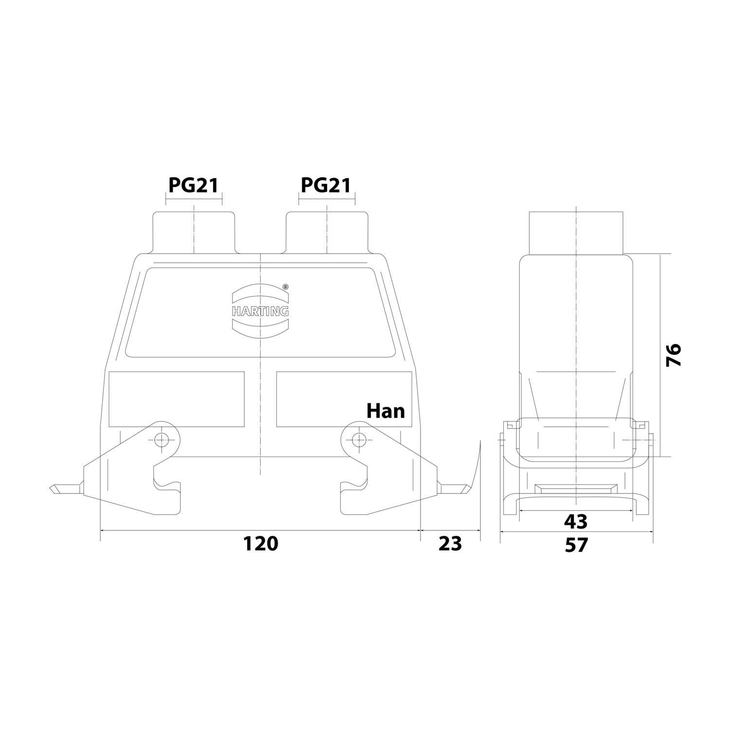 HARTING Han 24B Tüllengehäuse hoch, 2xPG21 gerader Kabelabgang, für 2 Bügel (am Unterteil) Verschraubung PG21
