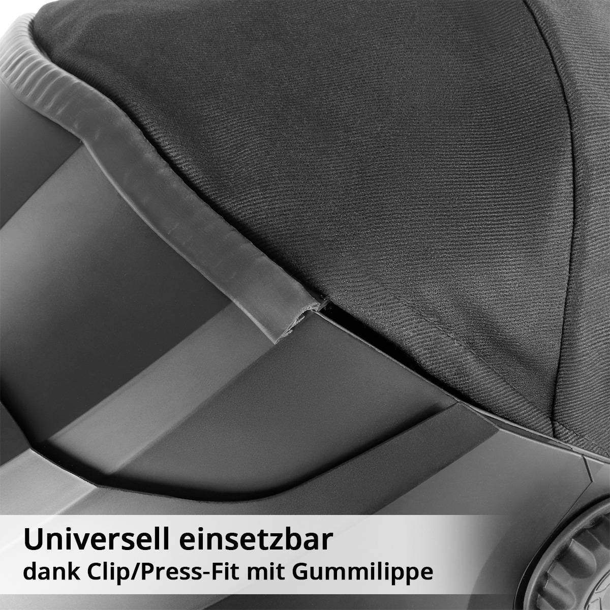 Nahaufnahme eines Helms auf einem Motorradsitz, die ein Clip-Design zeigt. Der Text lautet „Universell einsetzbar dank Clip/Press-Fit mit Gummilippe