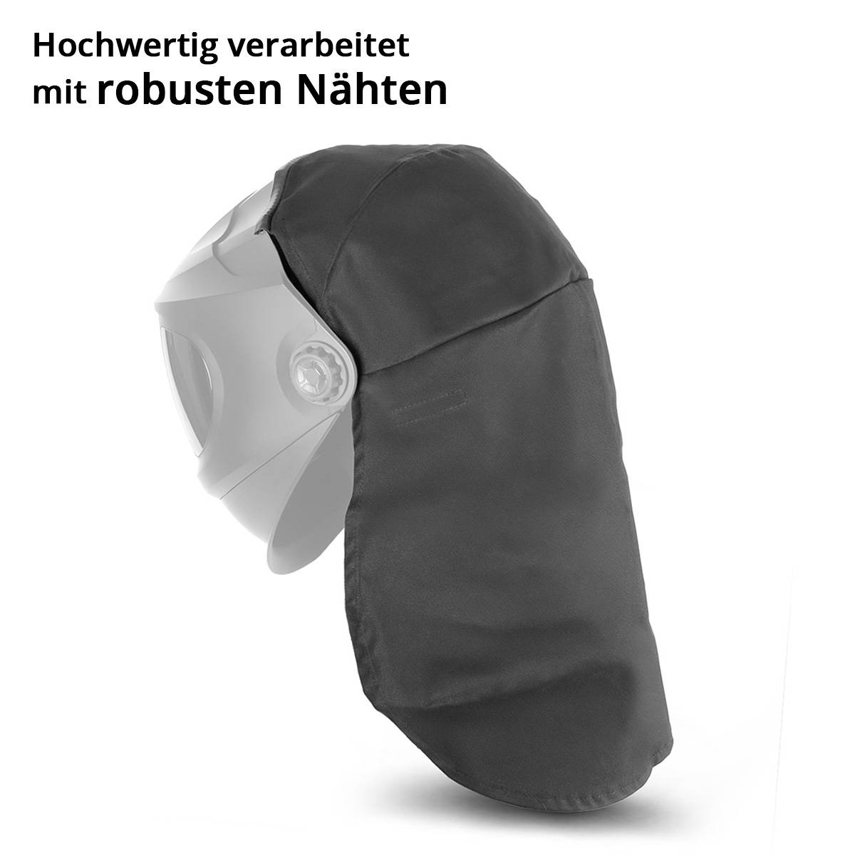 Ein Schweißhelm mit einer Schutztuchabdeckung wird gezeigt. Der Text auf Deutsch lautet: Hochwertig verarbeitet mit robusten Nähten.