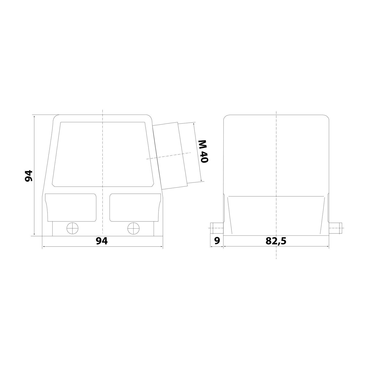 HARTING Han 32B Tüllengehäuse hoch, 1xM40 seitlicher Kabelabgang, für 2 Bügel (am Unterteil) Verschraubung M40