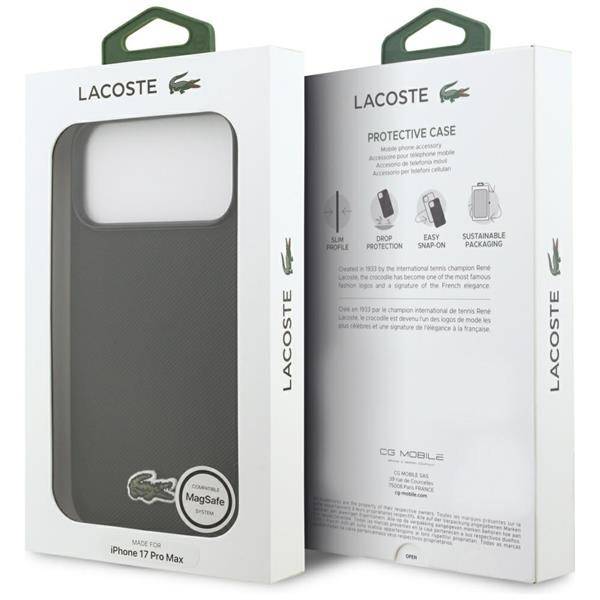Lacoste iPhone 17 Pro Max Schutzhülle Verpackung mit MagSafe-Kompatibilität, Fallschutz, einfacher Snap-On-Funktion und nachhaltiger Verpackung.
