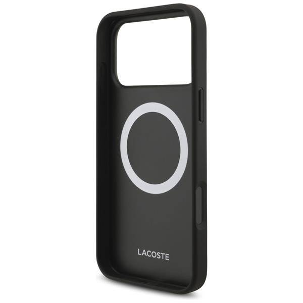 Ein schwarzes Handyhülle mit einem kreisförmigen weißen Akzent in der Mitte und 'Lacoste'-Branding am unteren Rand.