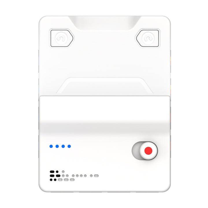 Ein weißes elektronisches Gerät mit einem roten Knopf auf der rechten Seite und blauen LED-Anzeigen auf der linken Seite, konzipiert für den Heim- oder Bürogebrauch.