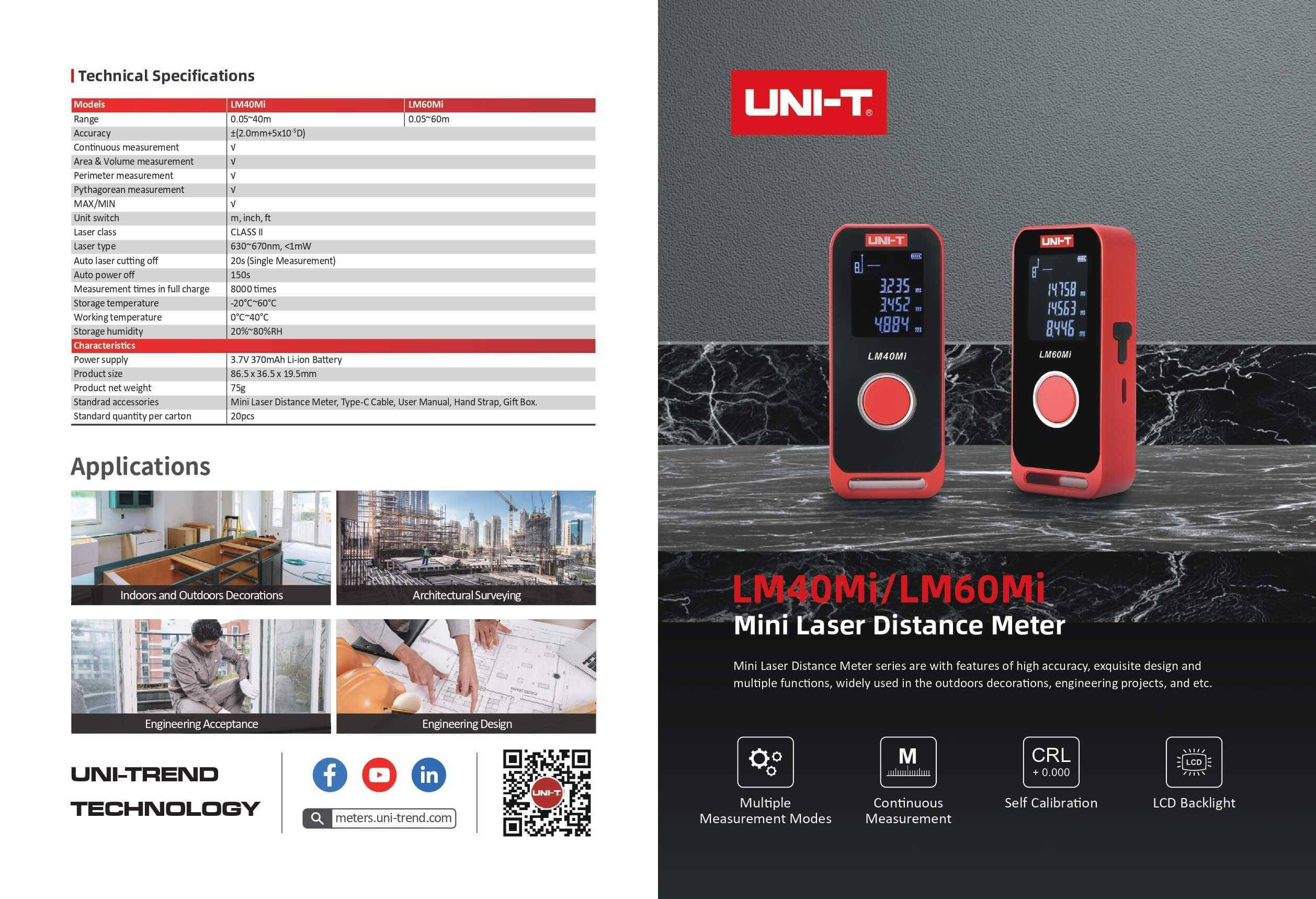 UNI-T LM60MI Mini Laser-Entfernungsmesser, Metallgehäuse, 60m Messbereich, LCD, Meter, Zoll, Fuß