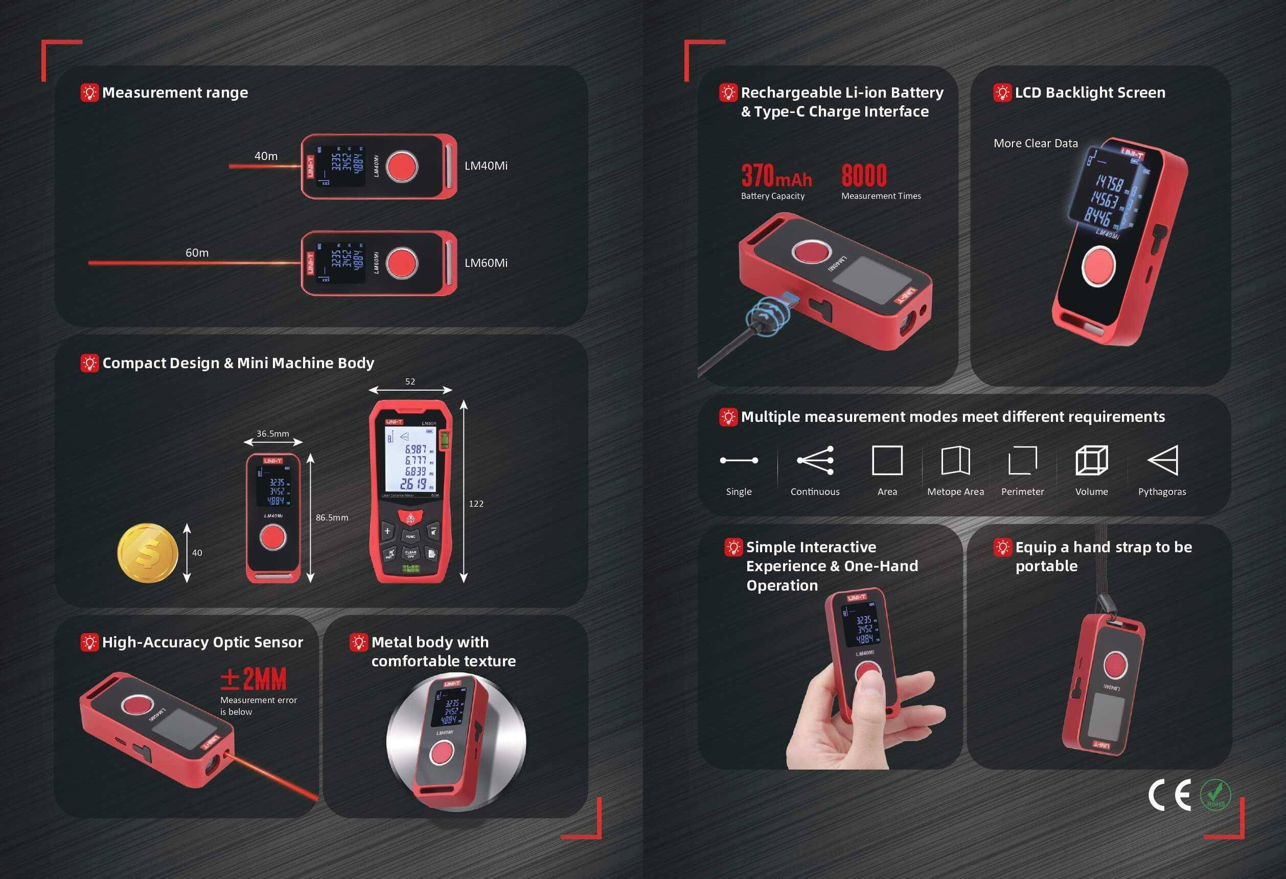 Laser-Entfernungsmesser-Funktionen: bis zu 40 m Reichweite, wiederaufladbarer Li-Ion-Akku, LCD-beleuchtetes Display, kompaktes Metallgehäuse, mehrere Modi, hohe Genauigkeit.