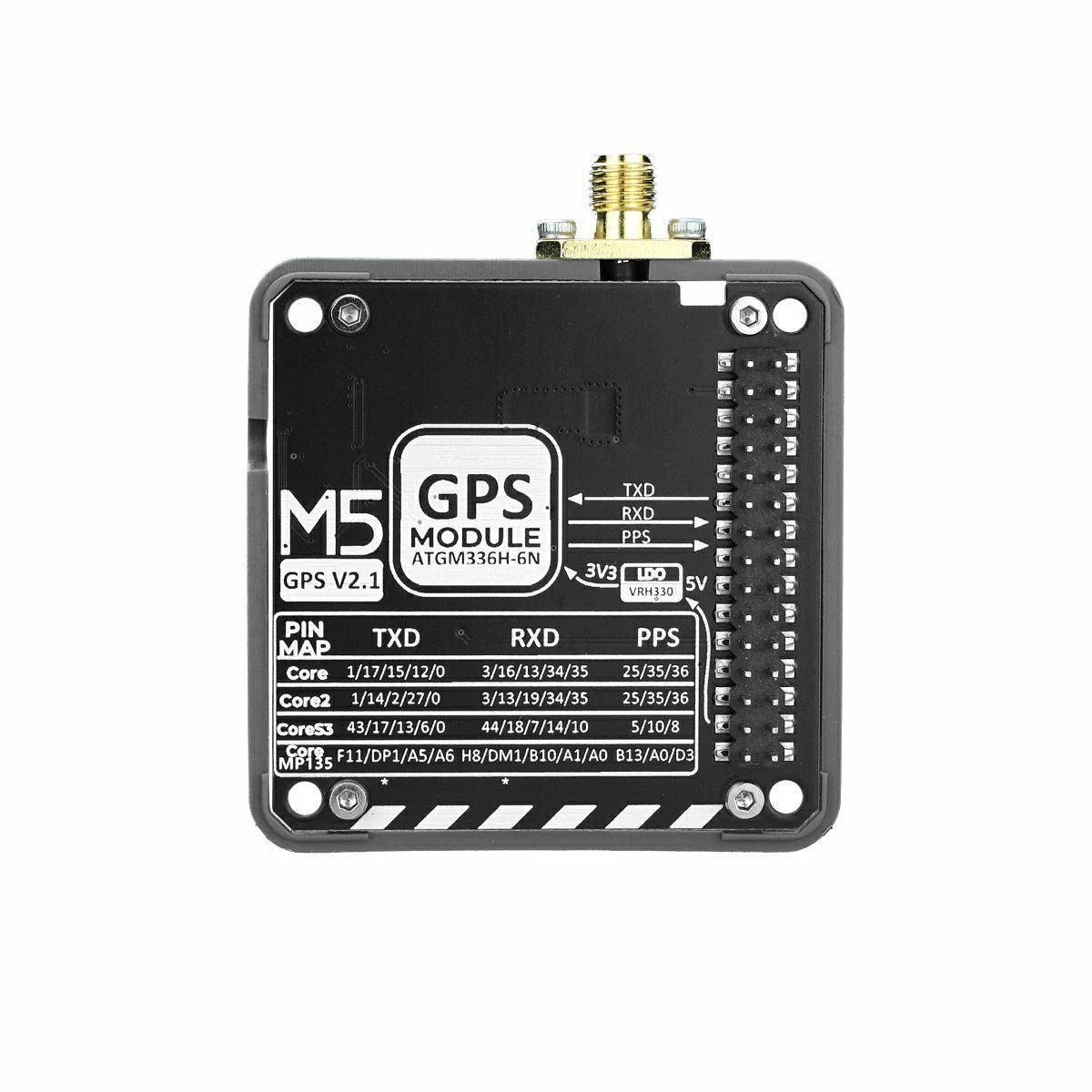 Schwarzes GPS-Modul Vorderansicht, beschriftet M5 GPS V2.1 ATGM336H-6N, mit sichtbaren Anschlüssen und Pinbelegung. Text TXD, RXD, PPS, 3V3, 5V.