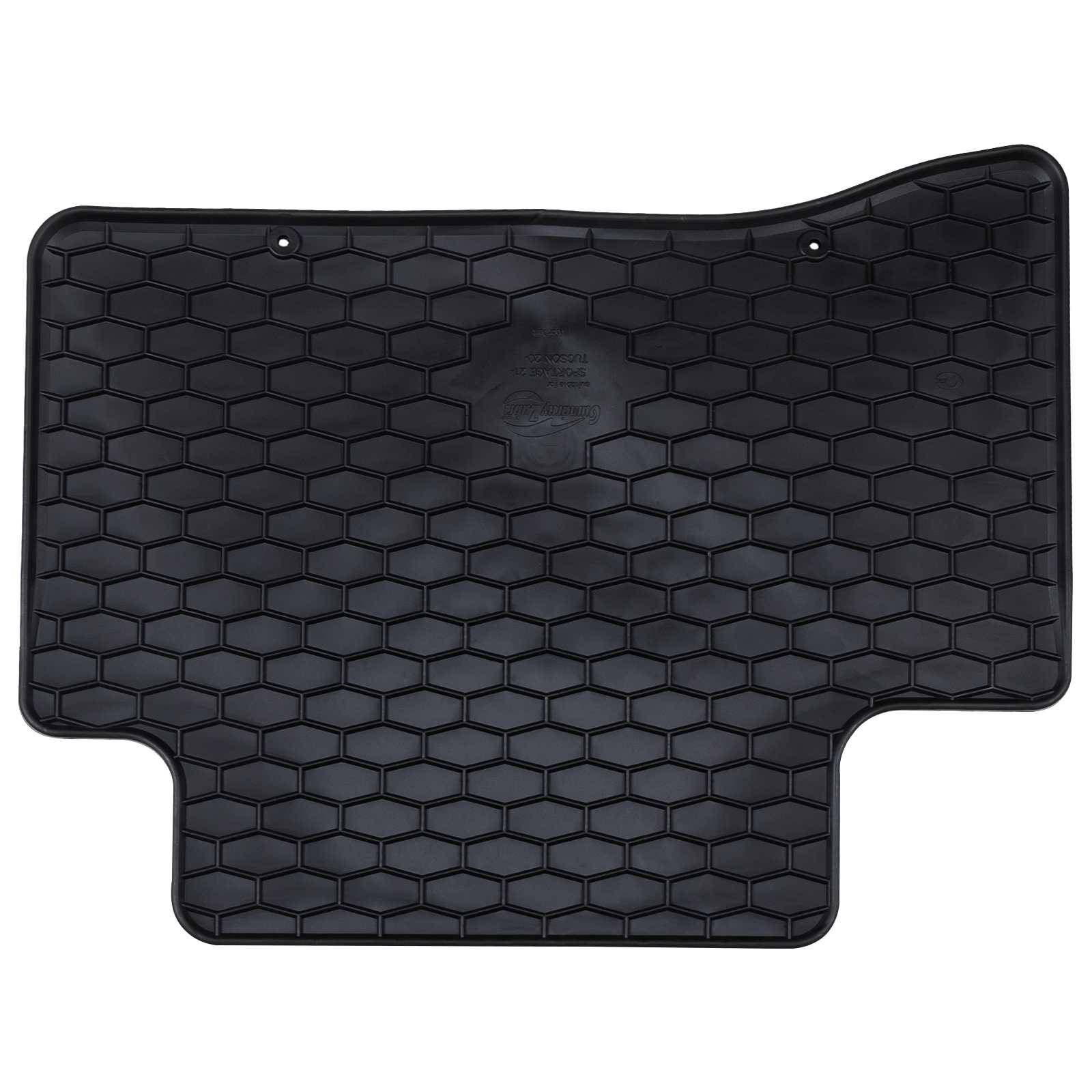 Schwarze Gummi-Autofußmatte mit hexagonalem Muster, entwickelt, um in den Bodenbereich eines bestimmten Fahrzeugs zu passen und vor Schmutz und Verschüttungen zu schützen.