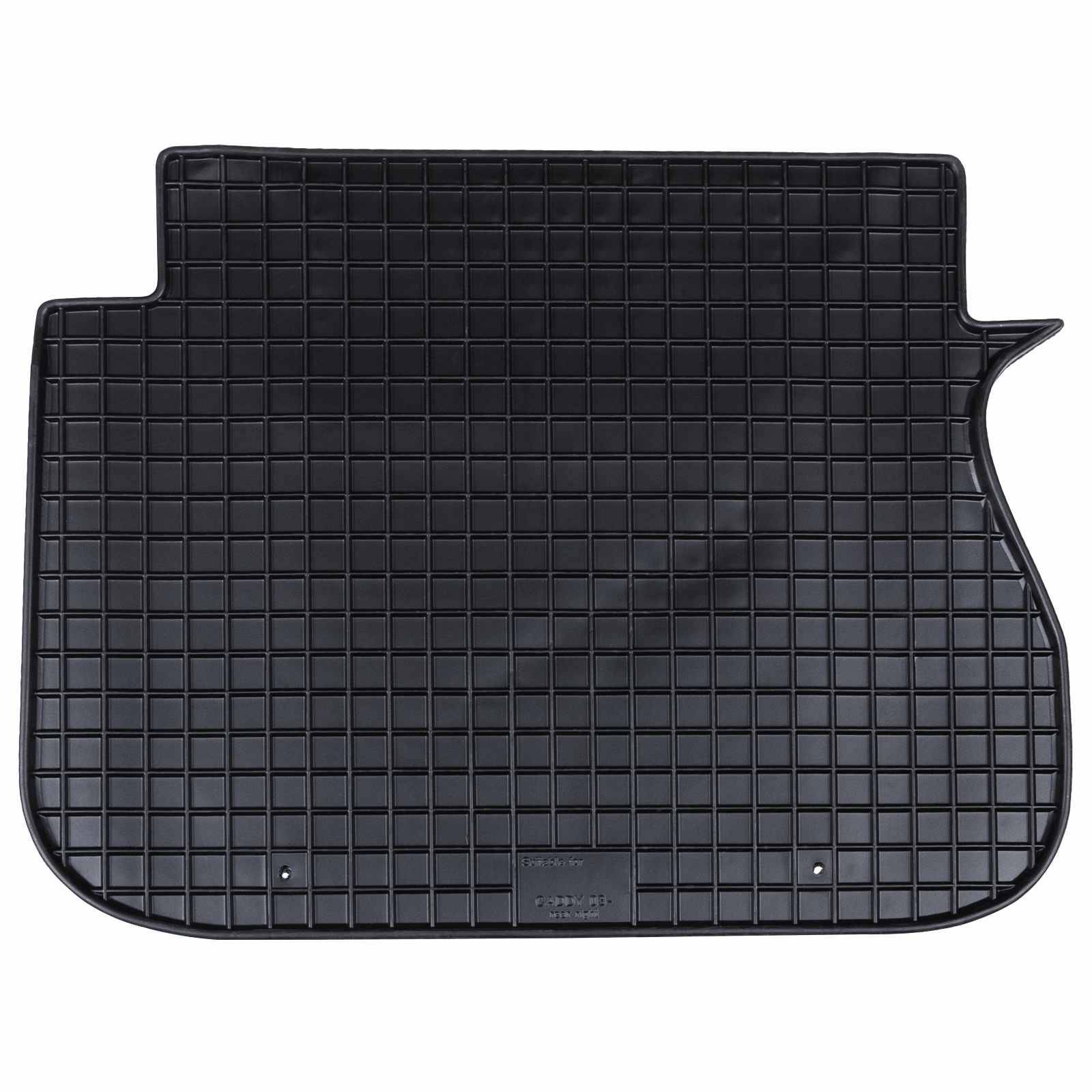 Schwarze Gummiauto-Bodenmatte mit Rastermuster, rechteckige Form mit Kerben an der Seite zum Einpassen. Ideal zum Schutz von Autoinnenräumen.