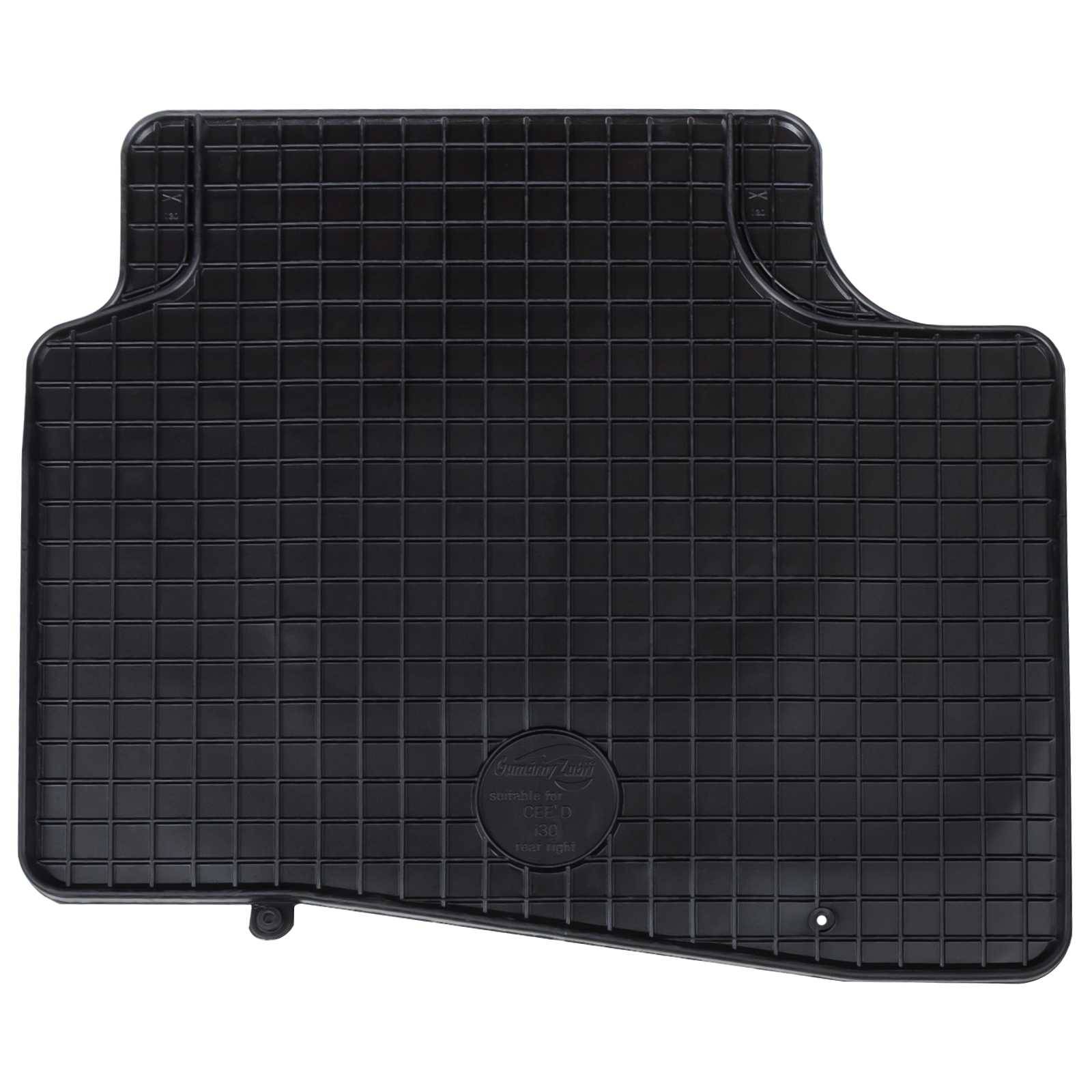Eine schwarze Gummiauto-Fußmatte mit Gittermuster. Die Matte hat eine leicht erhöhte Kante und ein rundes Logo in der Mitte.