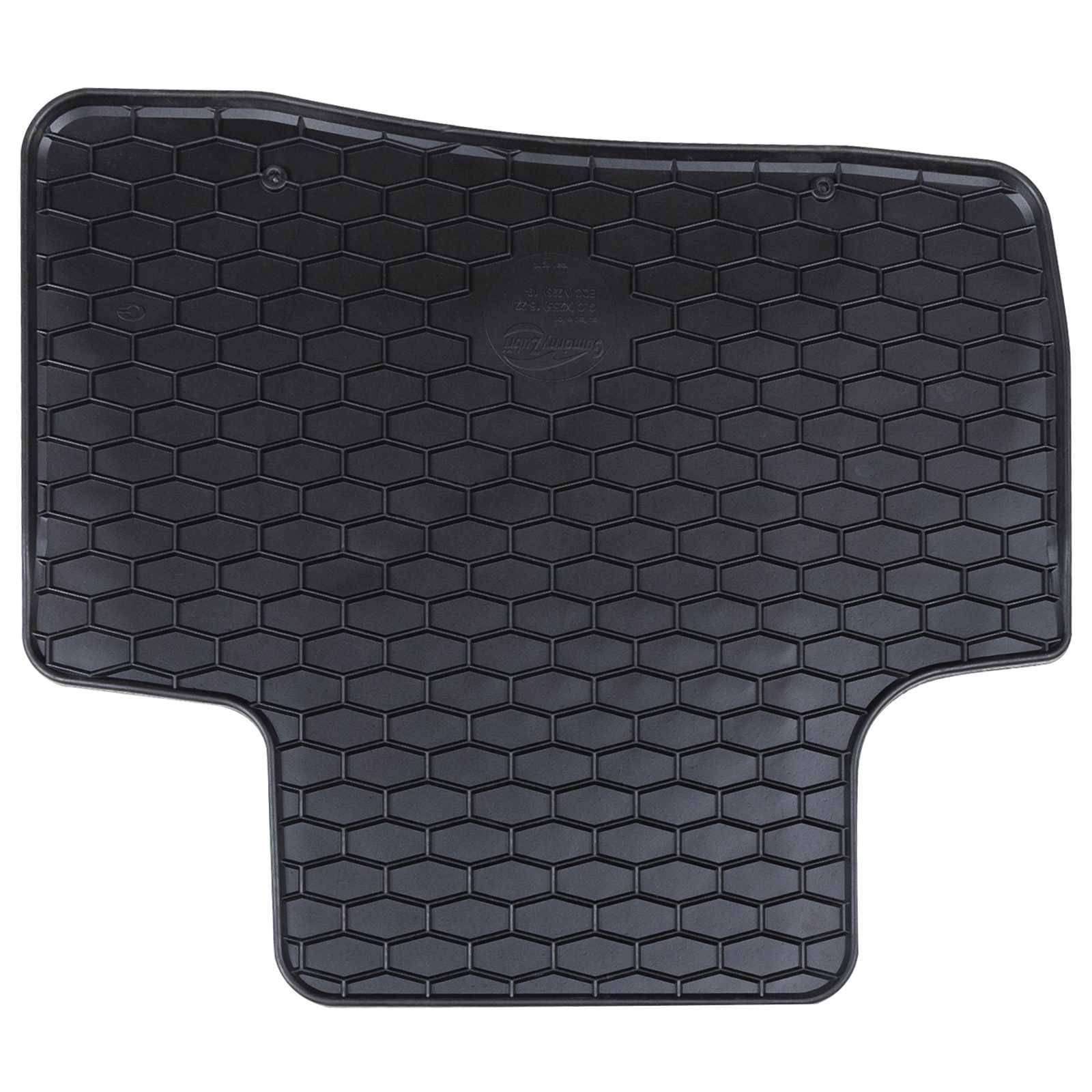 Eine schwarze Gummiauto-Fußmatte mit hexagonalem Muster, zum Einpassen in den hinteren Bereich konzipiert und bietet Schutz vor Schmutz und Feuchtigkeit.