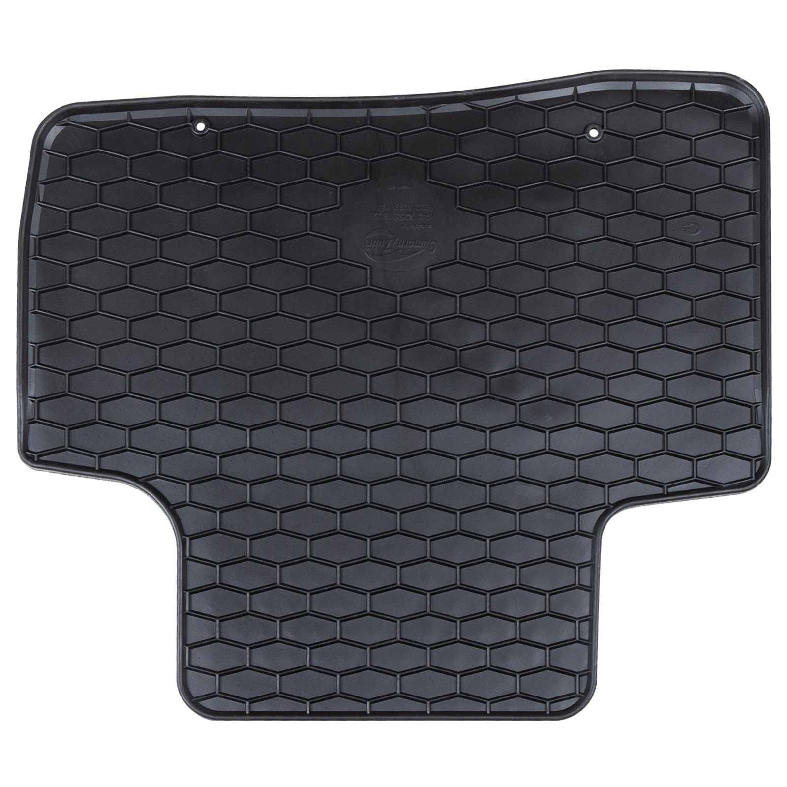 Schwarze Gummi-Autofußmatte mit Sechskantmuster, geformt für Fahrzeuginnenräume. Includes Befestigungslöcher für sichere Montage.