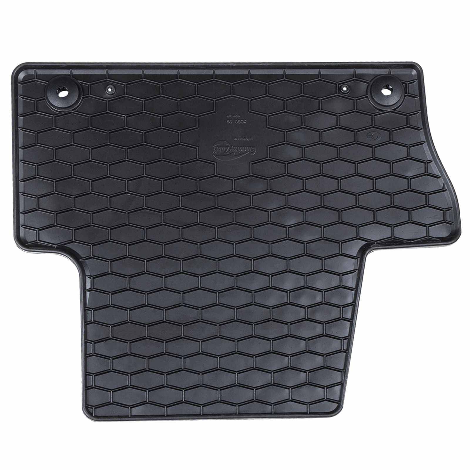 Eine schwarze Autofußmatte aus Gummi mit sechseckigem Muster und zwei Löchern zur Befestigung auf dem Fahrzeugboden.