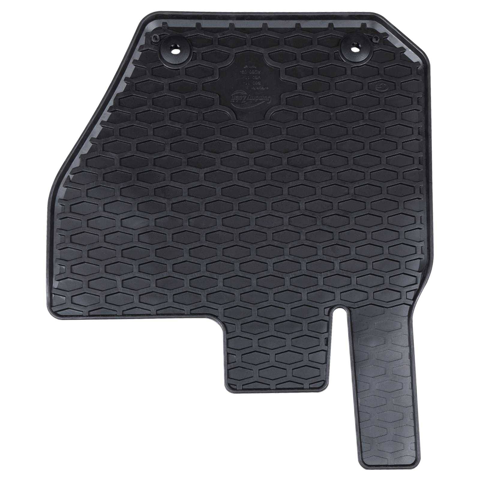 Eine schwarze Gummi-Autofußmatte mit Wabenmuster und Erweiterungslasche, entwickelt für Schutz und einfache Reinigung.