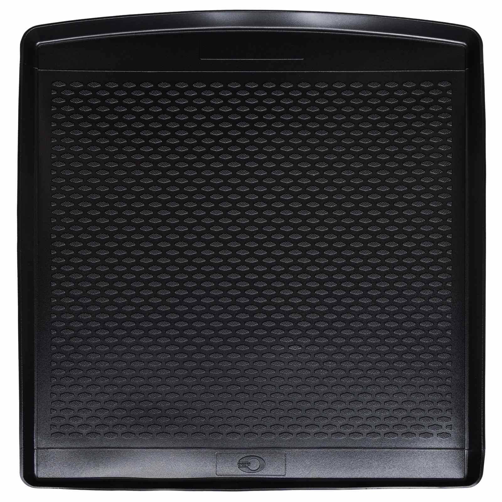 Eine schwarze Bodenmatte mit strukturiertem Gittermuster, rechteckiger Form und leicht erhobener Kante, entwickelt für ergonomische Unterstützung.