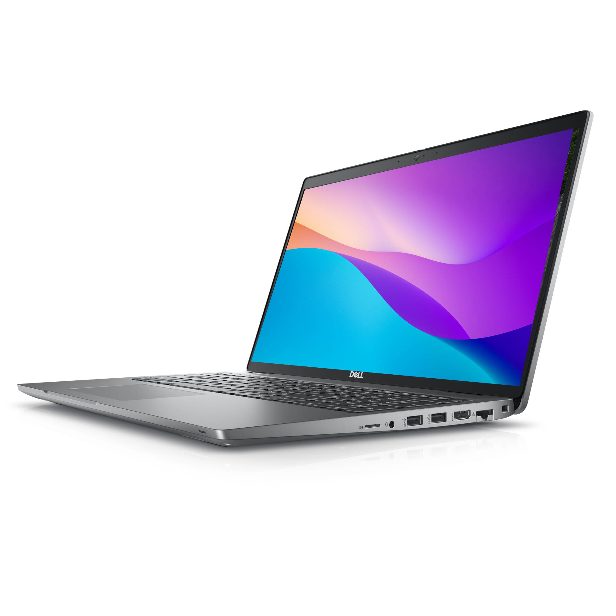Silver Dell Laptop in schräger Position auf weißem Hintergrund mit farbenfrohem abstraktem Bildschirminhalt.