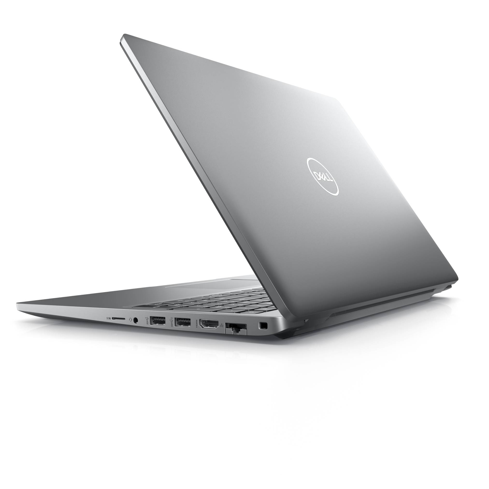 Offener silberner Dell-Laptop in Seitenansicht teilweise geöffnet, mit sichtbarem Dell-Logo auf dem Deckel und freiliegenden Anschlüssen auf der linken Seite.