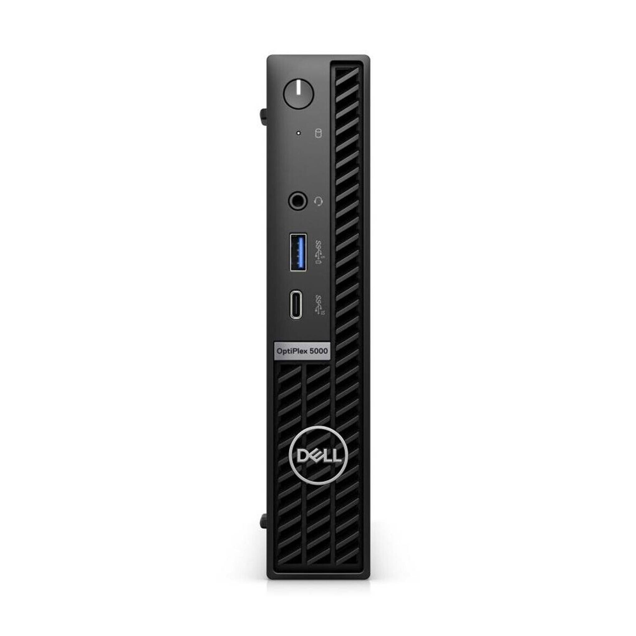 Ein vertikal positionierter Dell OptiPlex 5000 Mini-Desktop-Computer mit Stromschalter, USB-Anschlüssen und Dell-Logo auf der Frontblende.