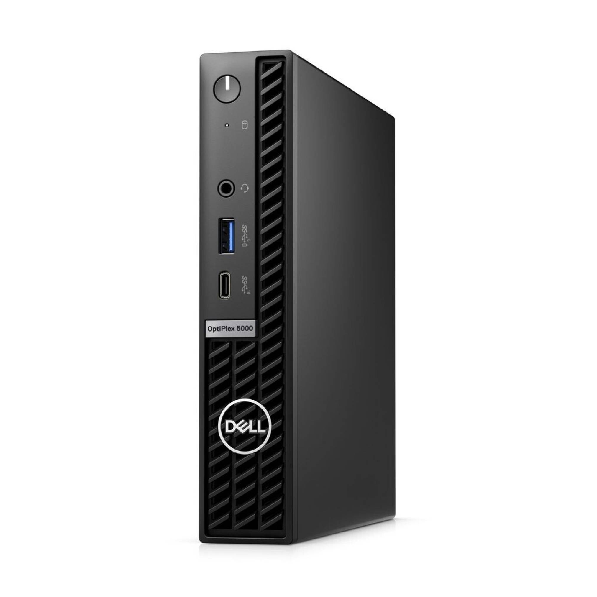 Ein kompakter Desktop-Computer Dell OptiPlex 5000 mit Netztaster an der Vorderseite, USB-Anschlüssen und Belüftungsgitter, entwickelt für Arbeitsplätze.